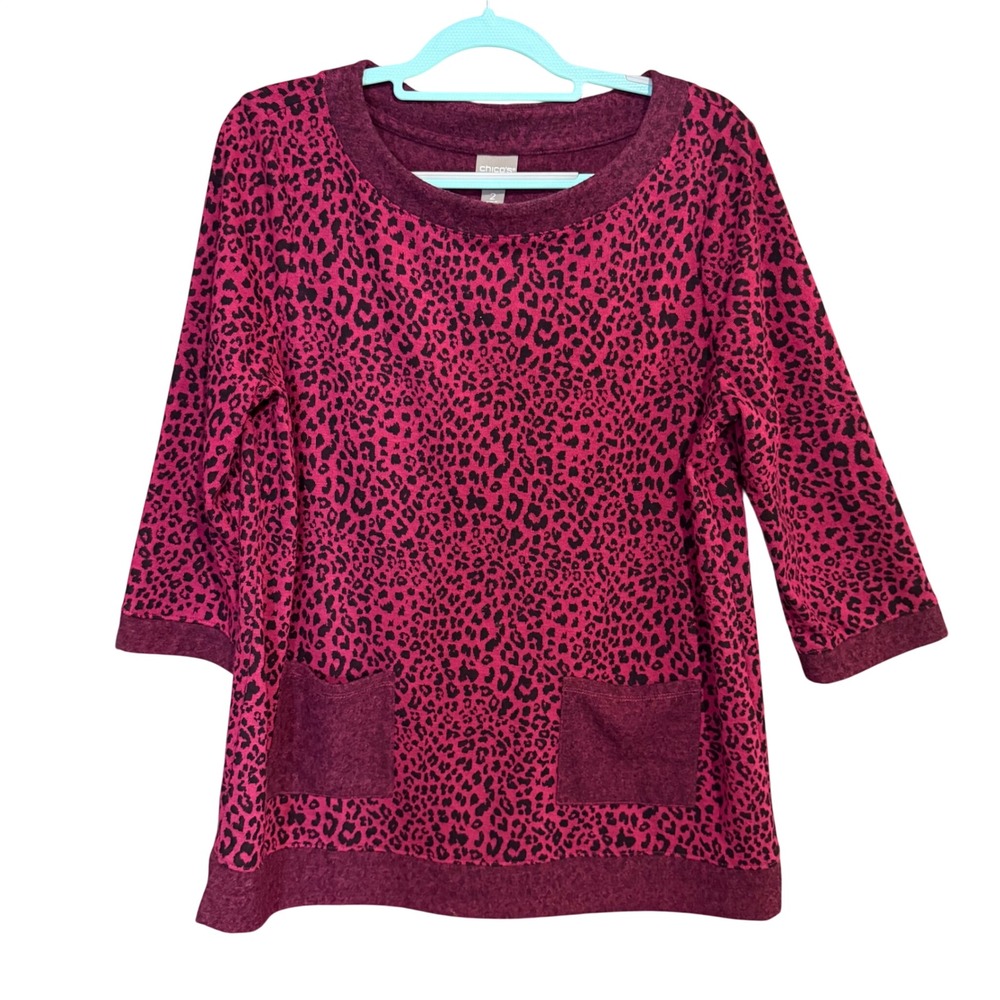 Chico's Sz 2~Lg Leopard Print Tunic Top Dark Pink Animal Print 3/4 Sleeve Pocket